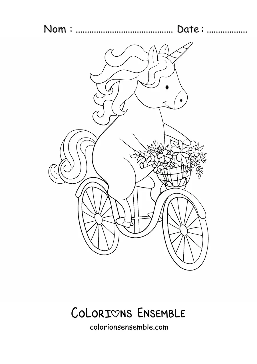Image à colorier d'une licorne kawaii à vélo avec des fleurs