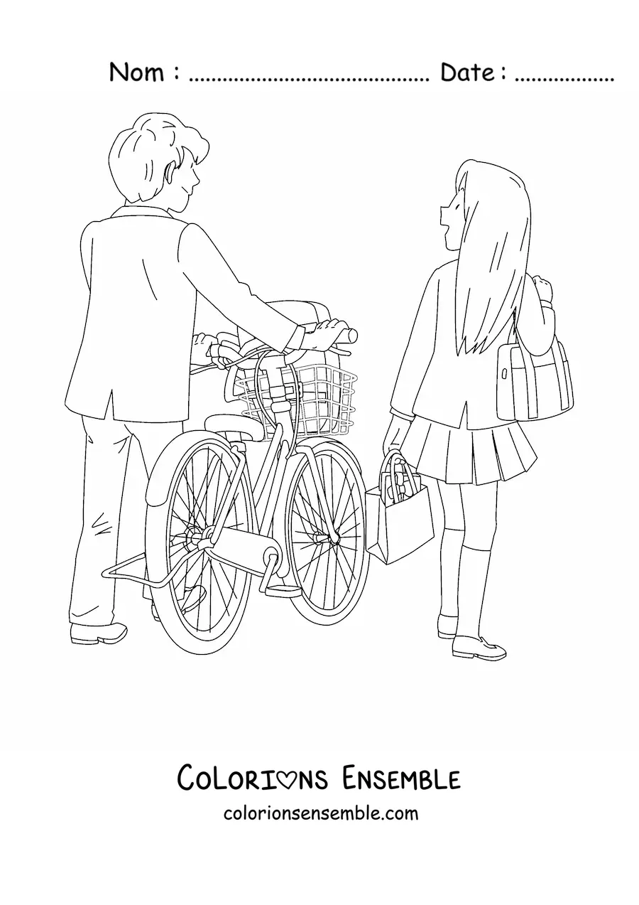 Image à colorier d'un couple avec un vélo