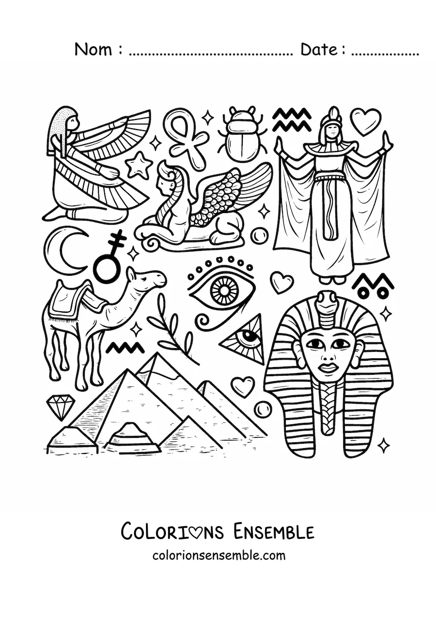 Image à colorier de pyramides et d'éléments de la culture de l'Égypte ancienne