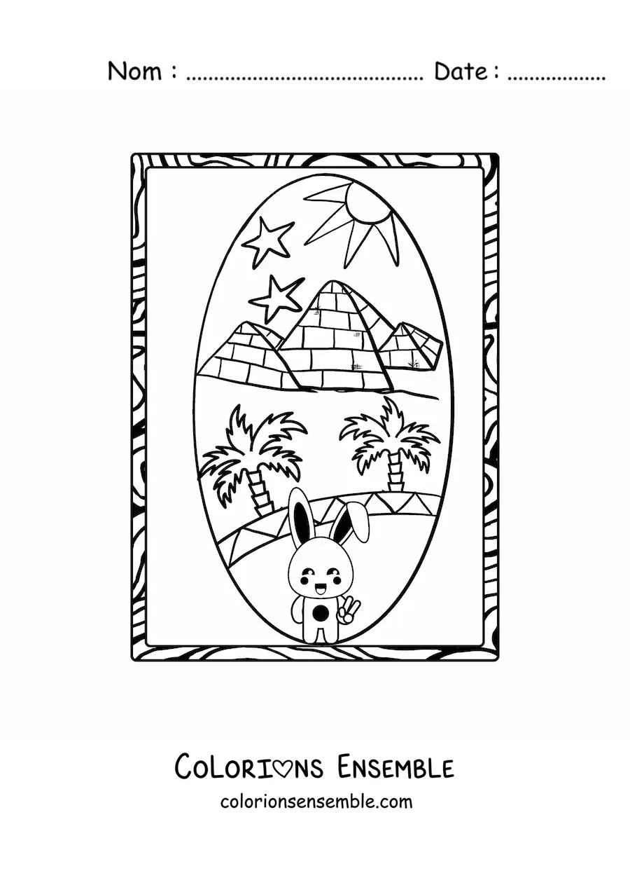 Image à colorier d'un lapin rigolo qui visite les pyramides égyptiennes