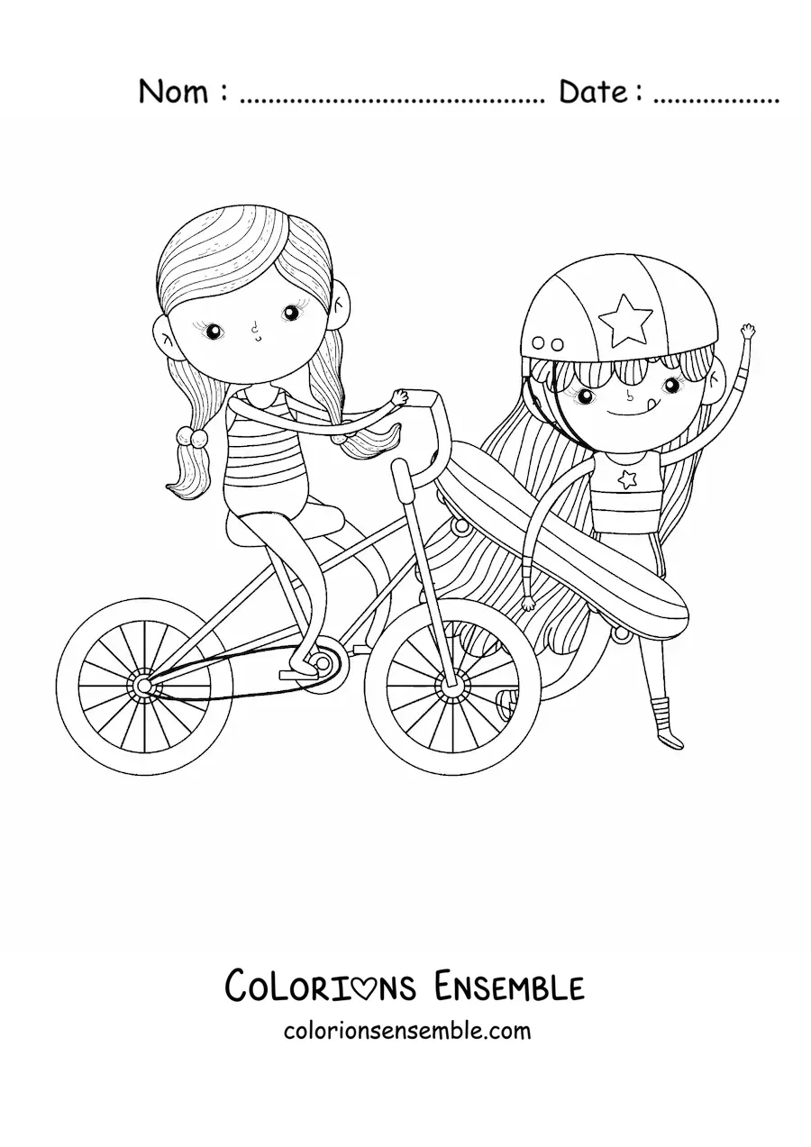 Image à colorier d'une fille à vélo et d'une fille avec un skate