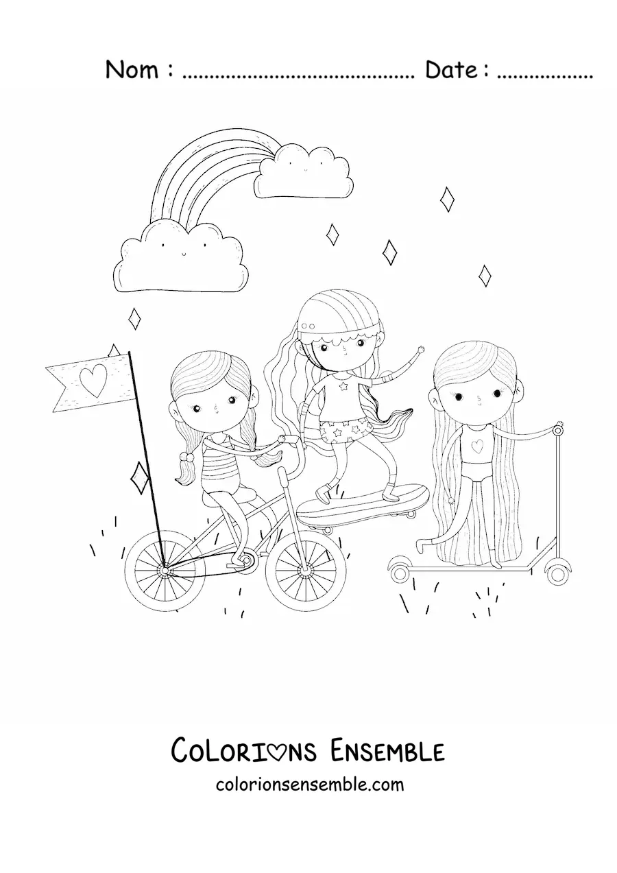 Image à colorier de trois filles à vélo, en skateboard et en trottinette avec un arc-en-ciel en arrière-plan