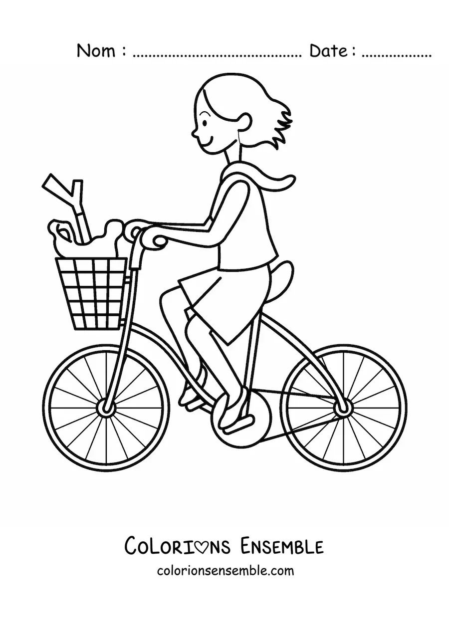 Image à colorier d'une fille montée sur un vélo