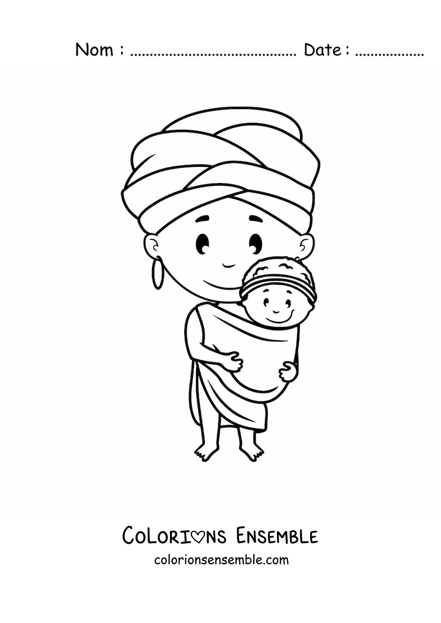 Image à colorier d'une femme africaine en style animé avec un bébé