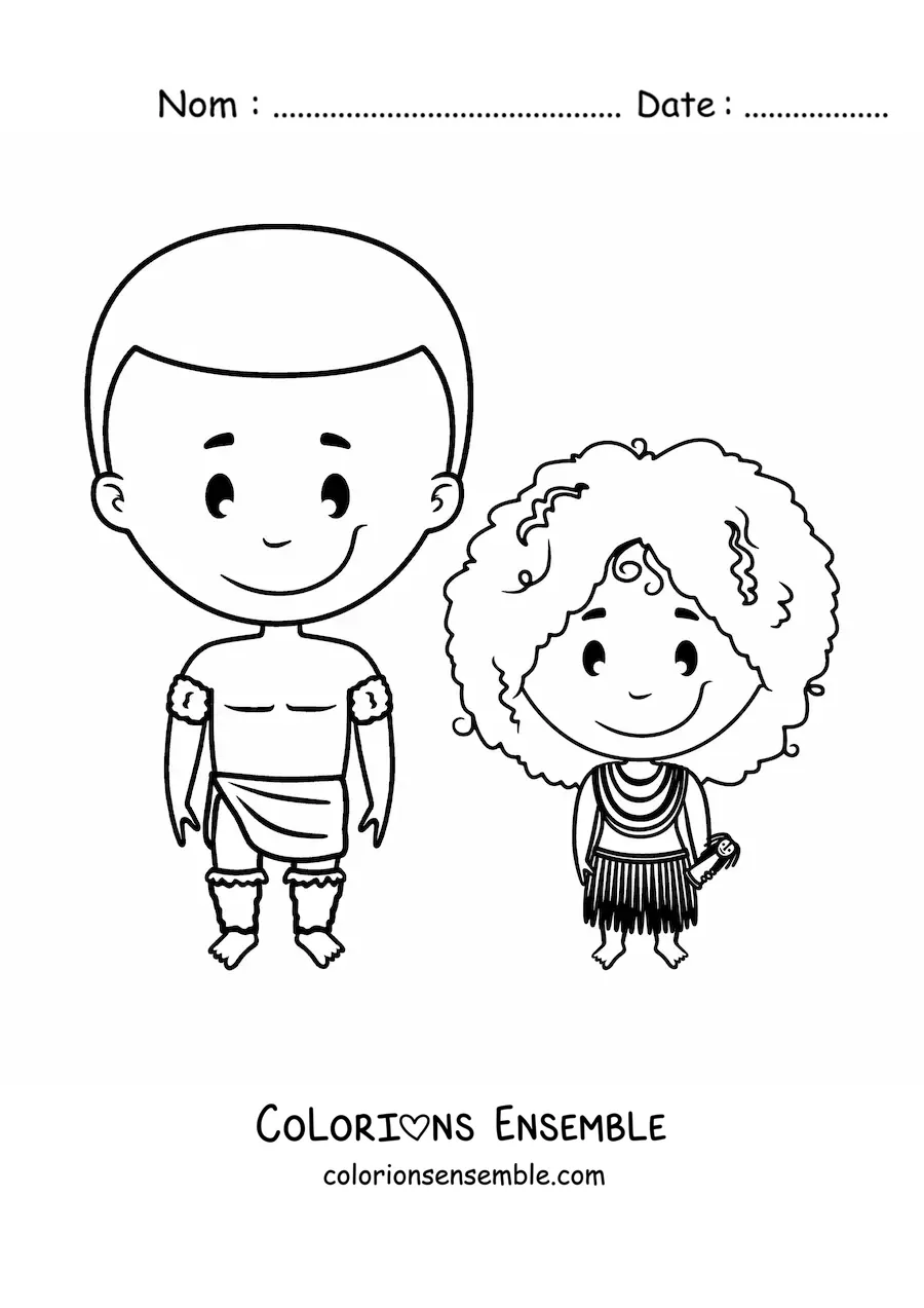 Image à colorier d'une fille d'une tribu africaine et de son père