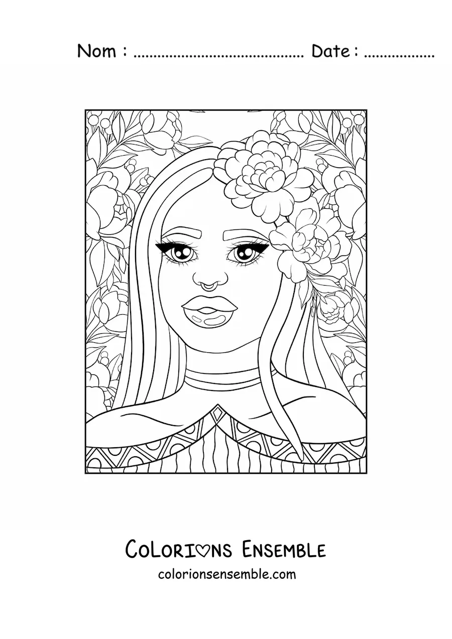 Image à colorier d'une belle femme africaine avec des fleurs