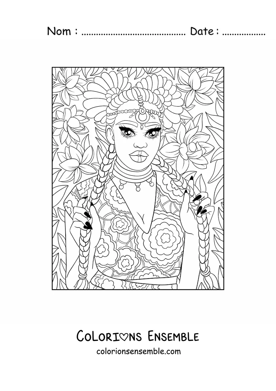Image à colorier d'une belle femme africaine avec des tresses