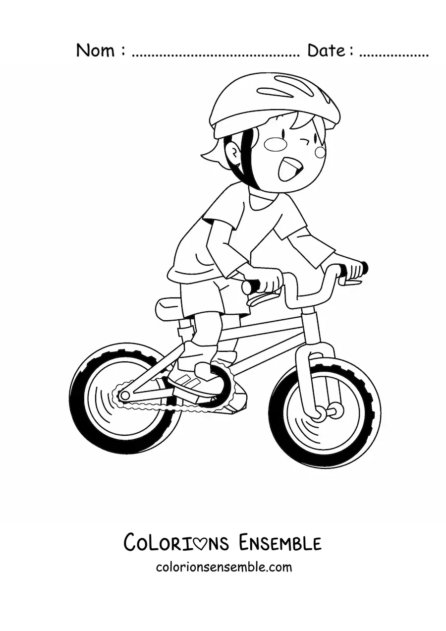 Image à colorier d'un garçon avec un casque monté sur un vélo