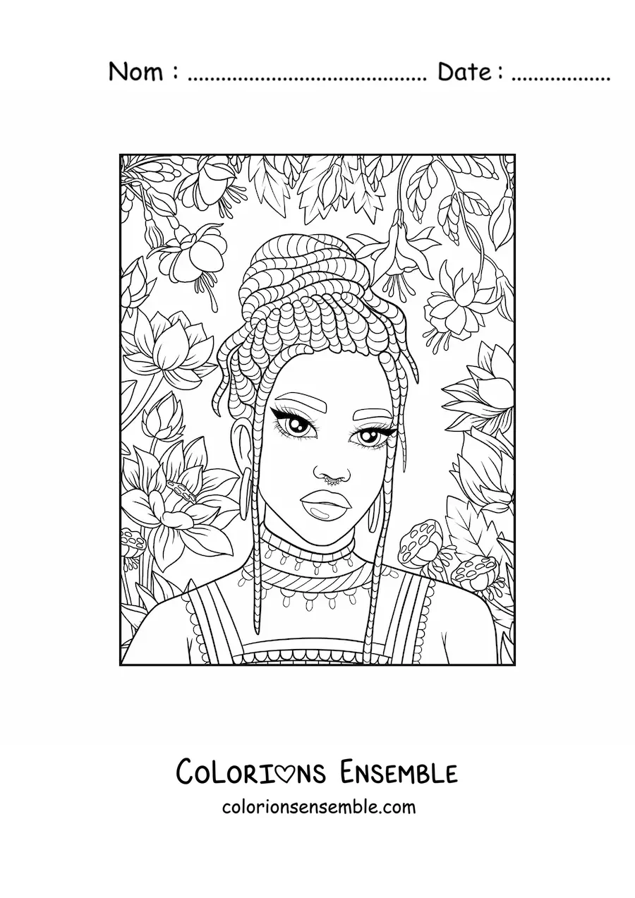 Image à colorier d'une belle femme africaine avec des tresses et des fleurs