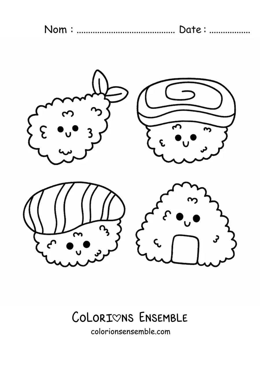 Image à colorier d'un sushi kawaii en style animé