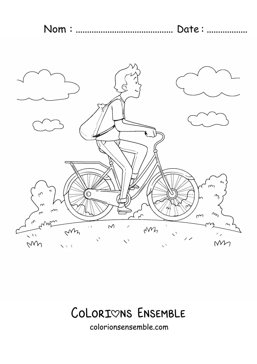 Image à colorier d'un homme à vélo avec des nuages en arrière-plan