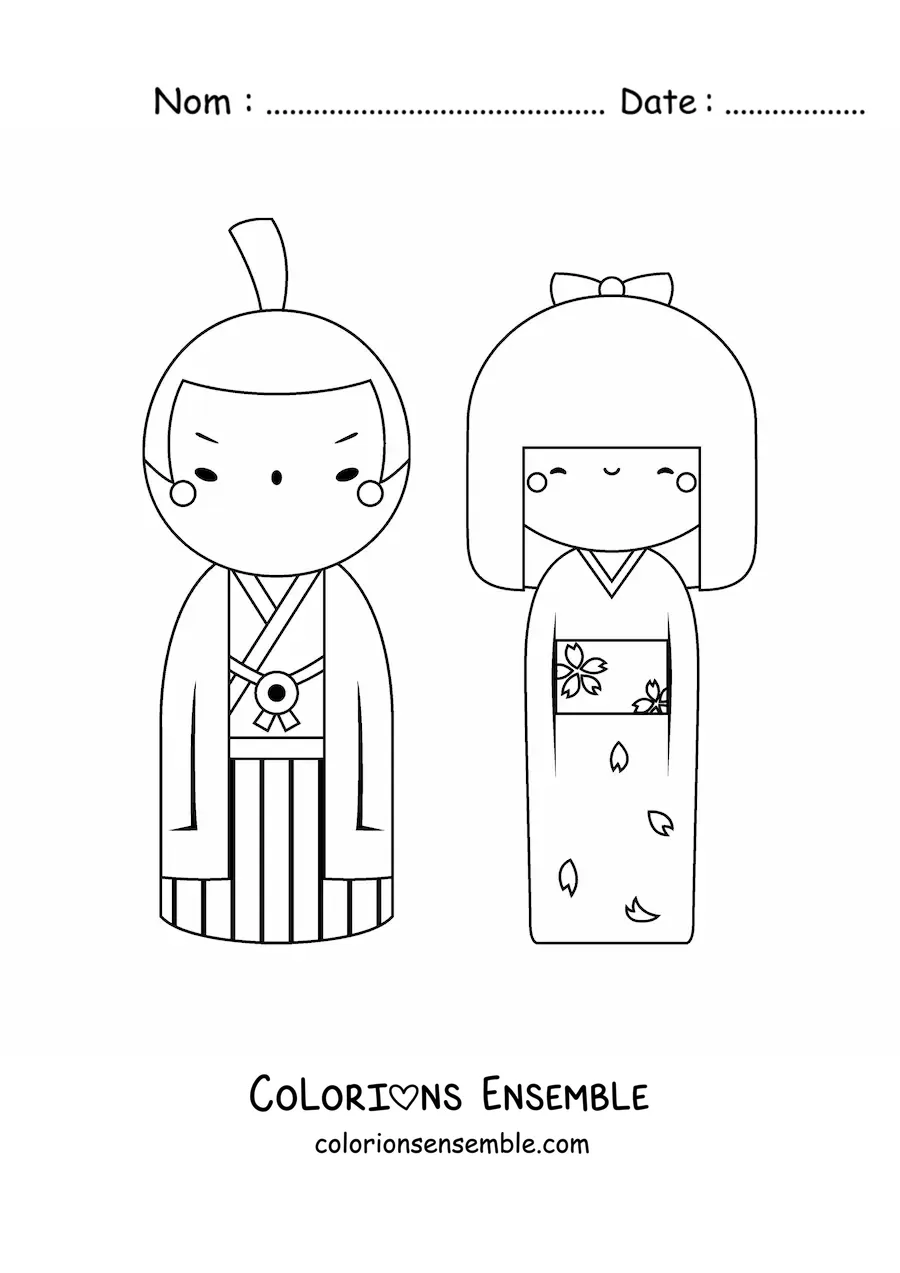 Image à colorier d'un couple japonais en tenue traditionnelle