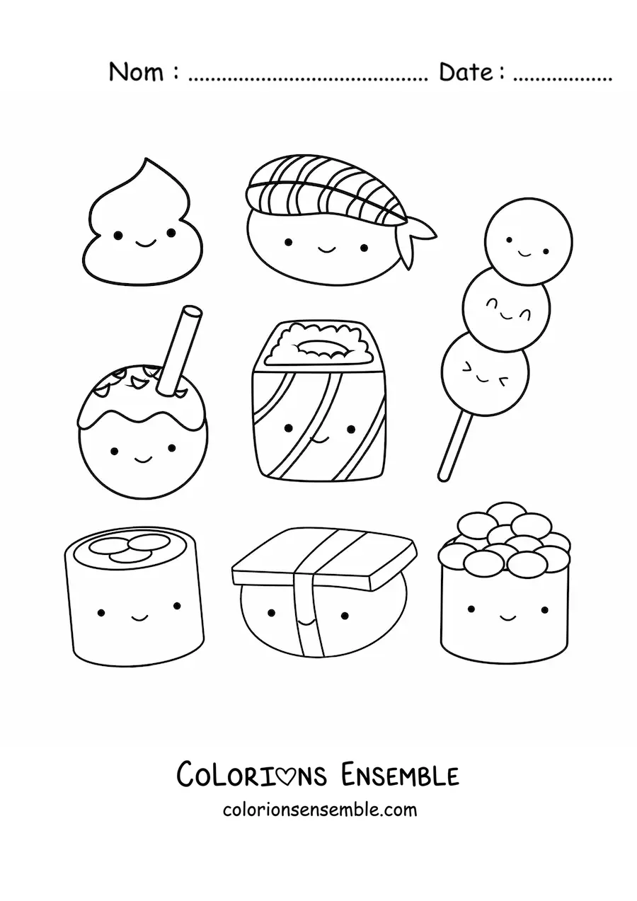 Image à colorier d'un sushi en style animé