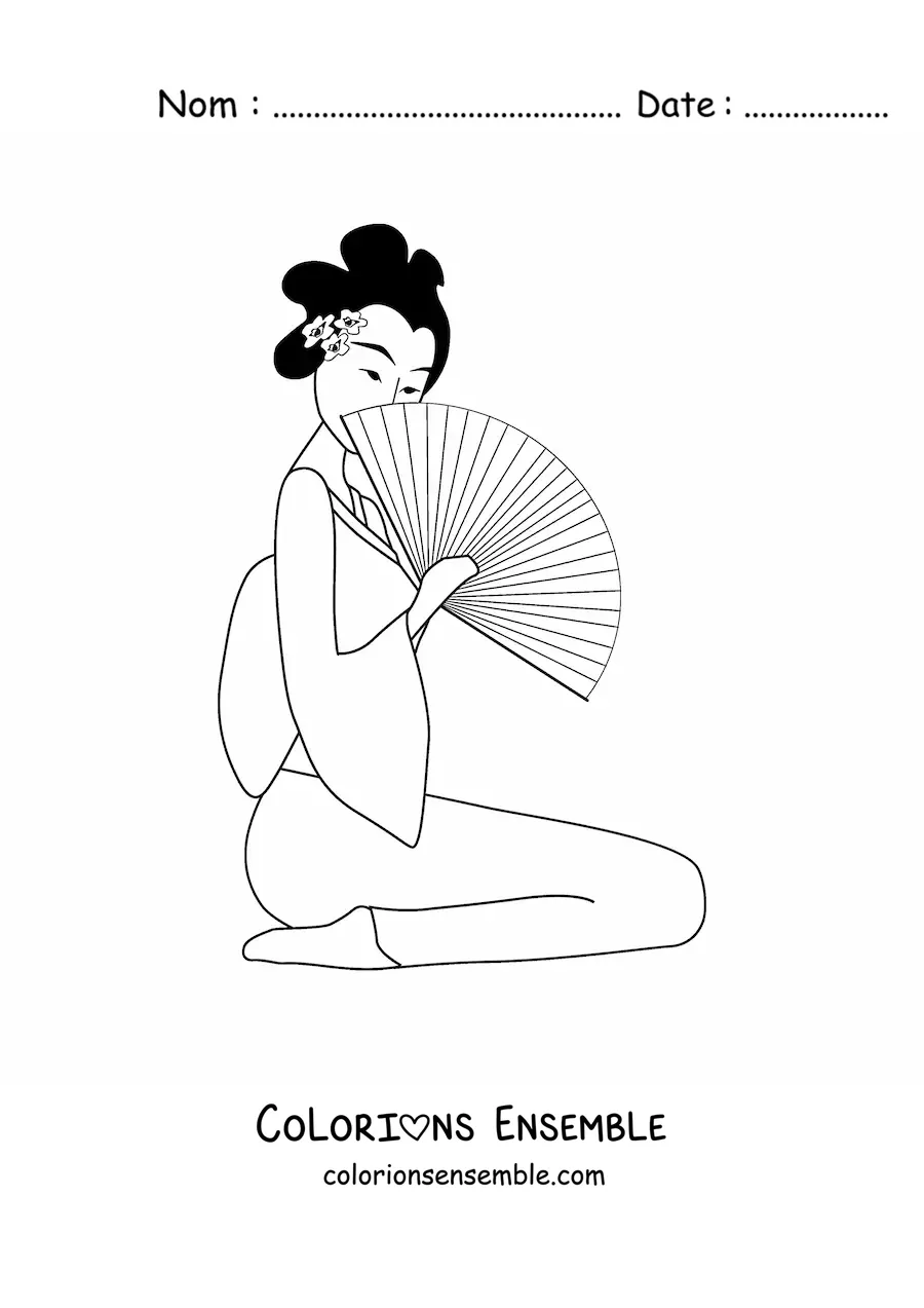 Image à colorier d'une geisha avec un éventail
