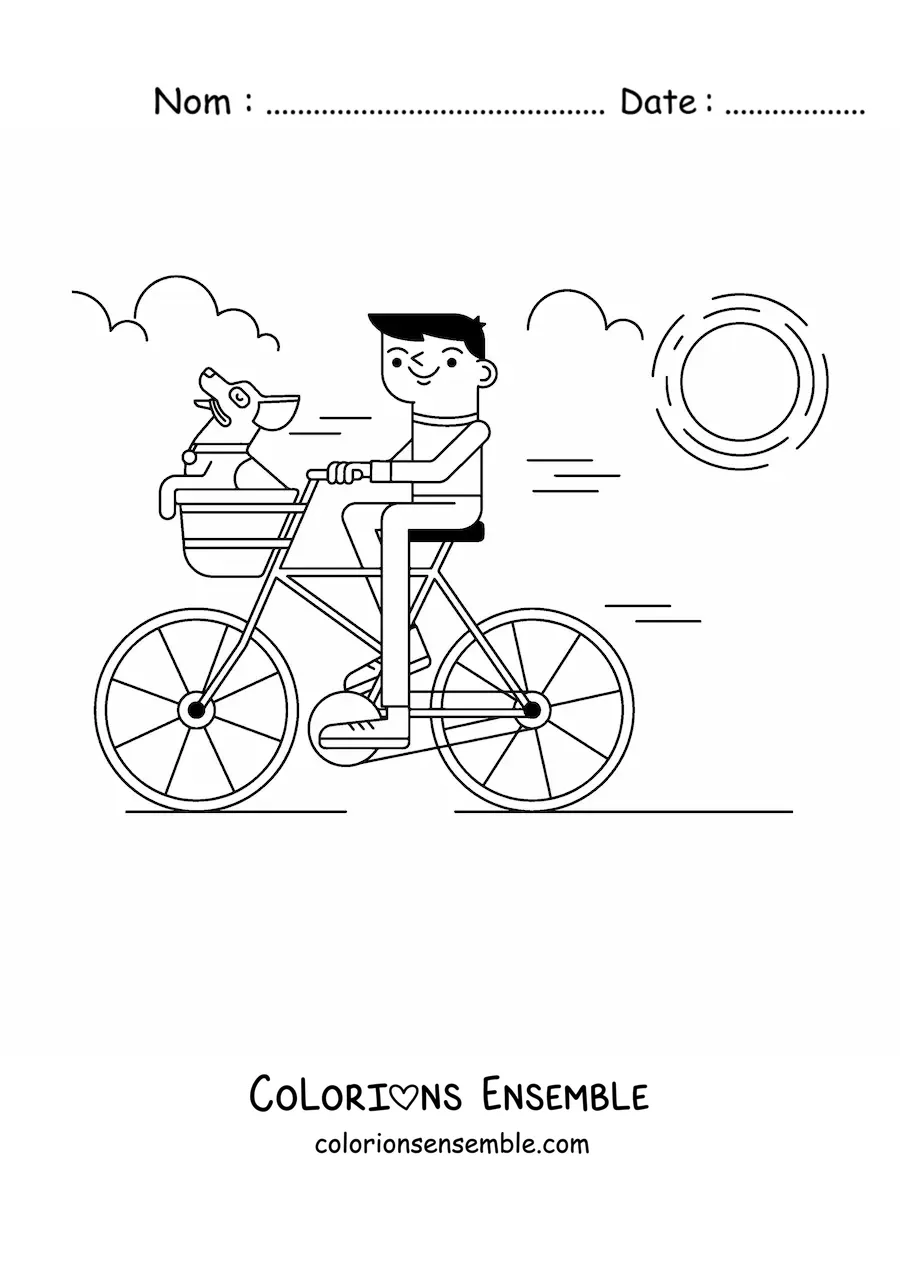 Image à colorier d'un garçon à vélo avec un chien dans le panier