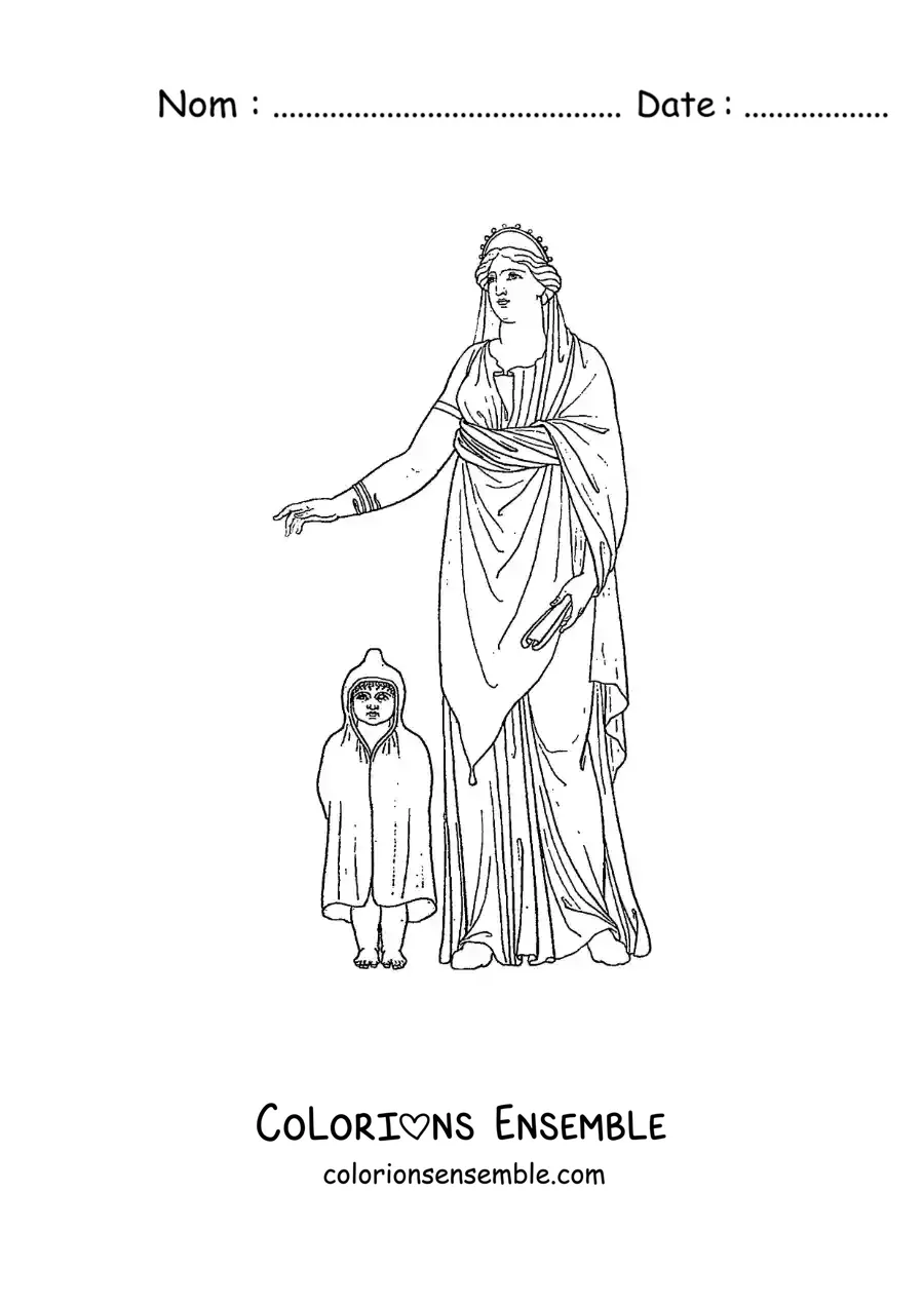 Image à colorier d'une femme de la Grèce antique avec sa fille