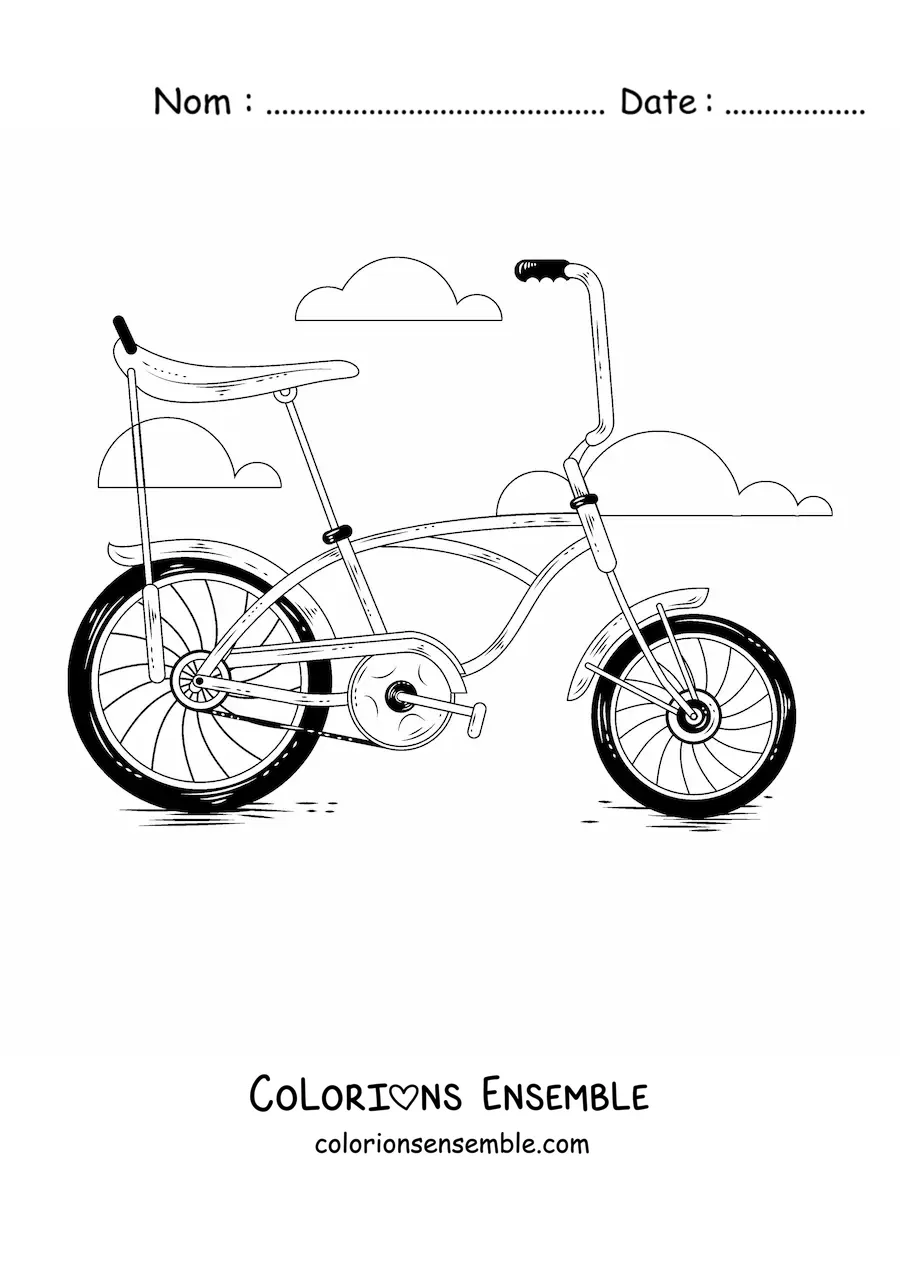 Image à colorier d'un vélo ancien avec des nuages en arrière-plan