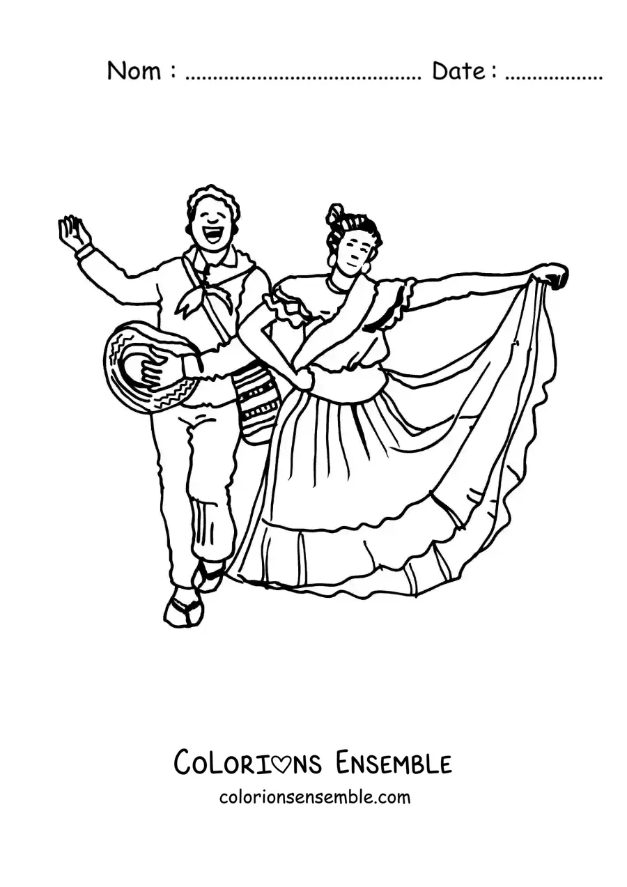 Image à colorier d’un couple animé en costume typique de la Colombie