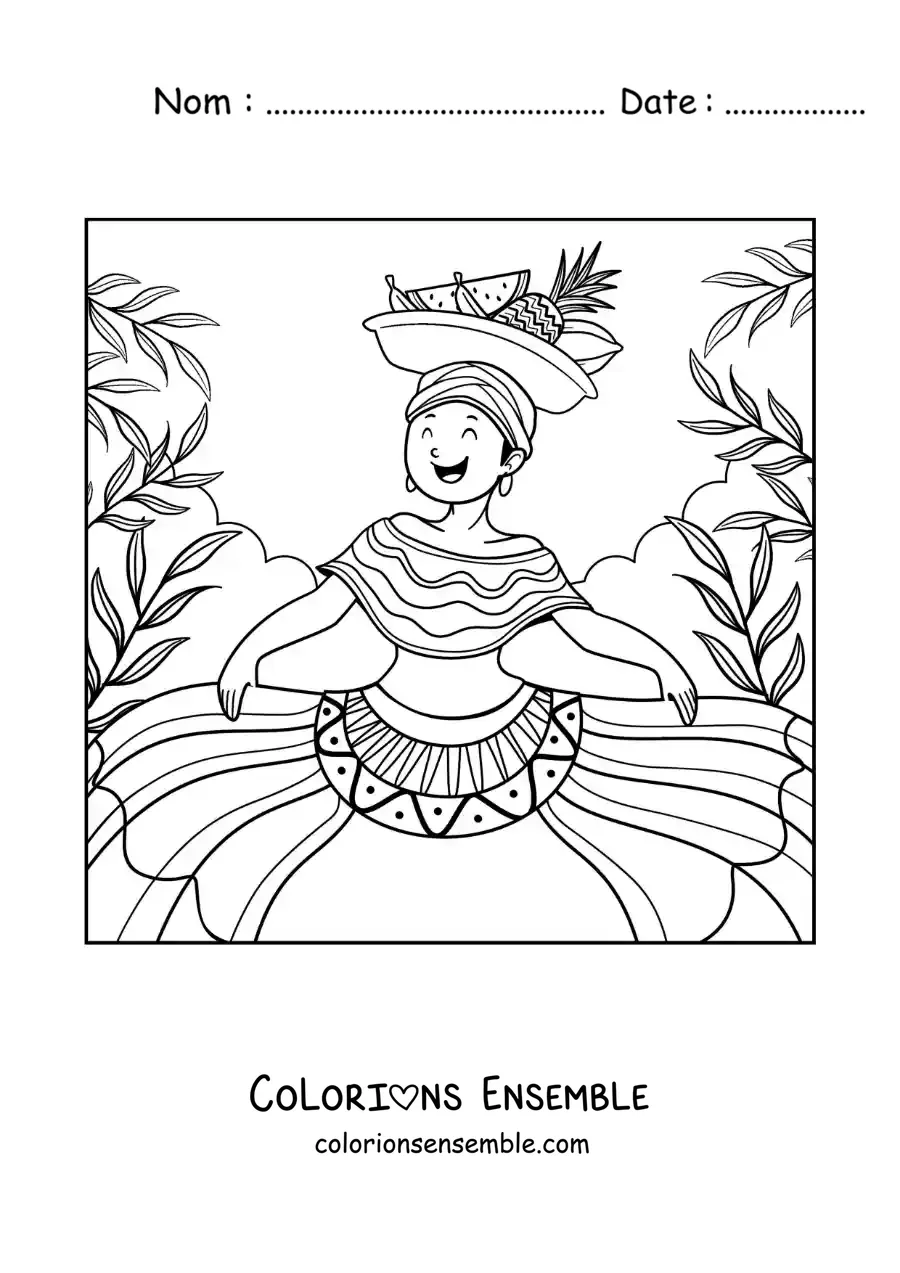 Image à colorier d’une femme colombienne animée en costume traditionnel