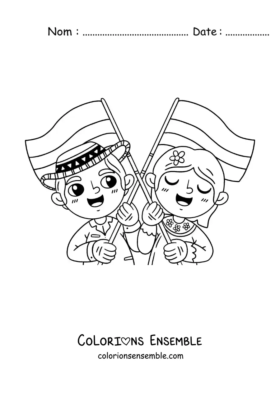 Image à colorier d’enfants colombiens animés avec le drapeau