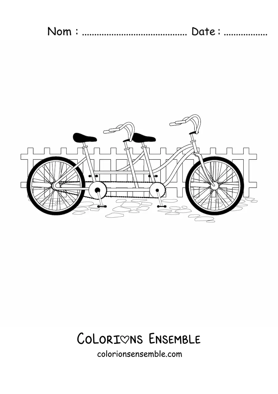 Image à colorier d'un vélo tandem avec une clôture en arrière-plan