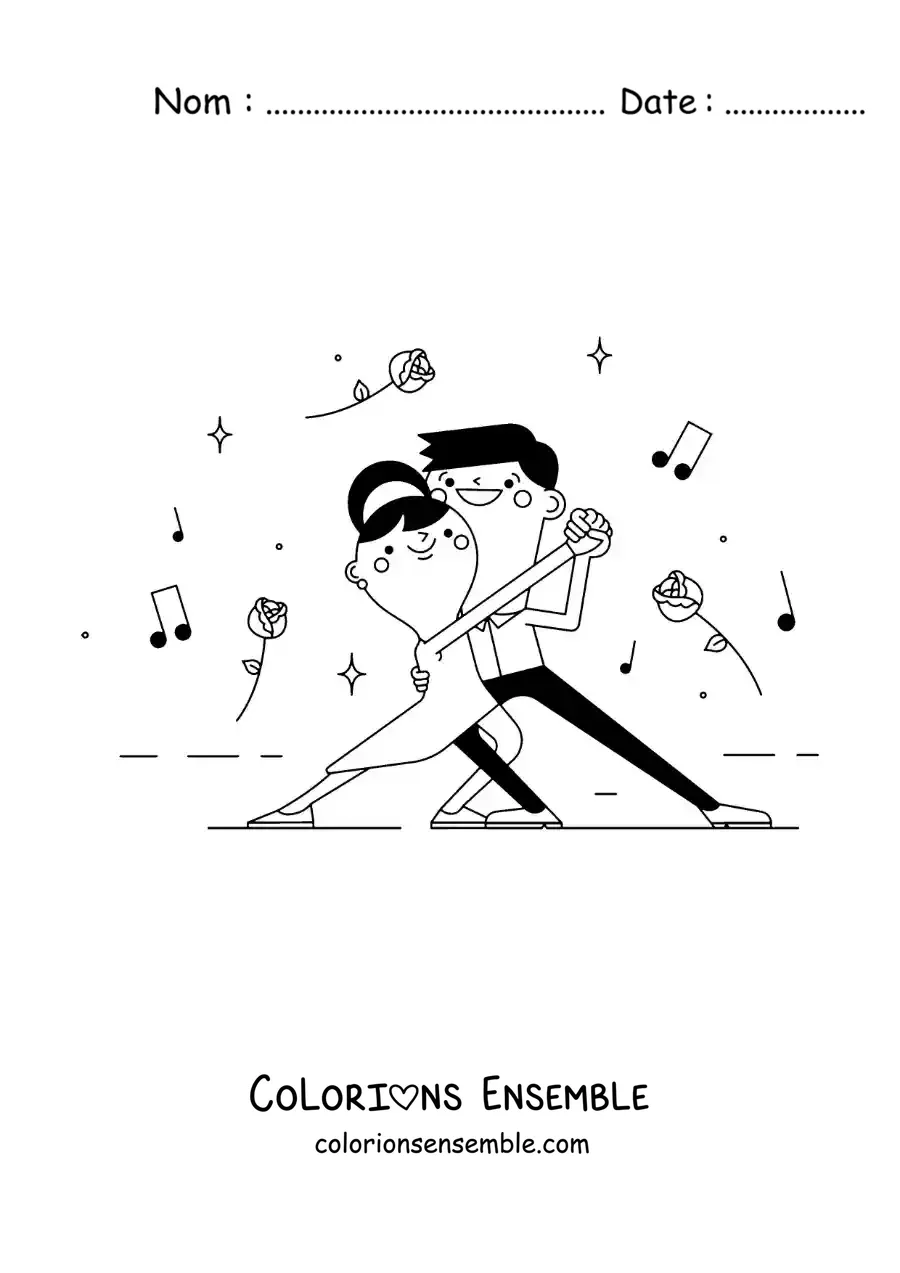 Image à colorier d’un couple kawaii dansant le tango argentin