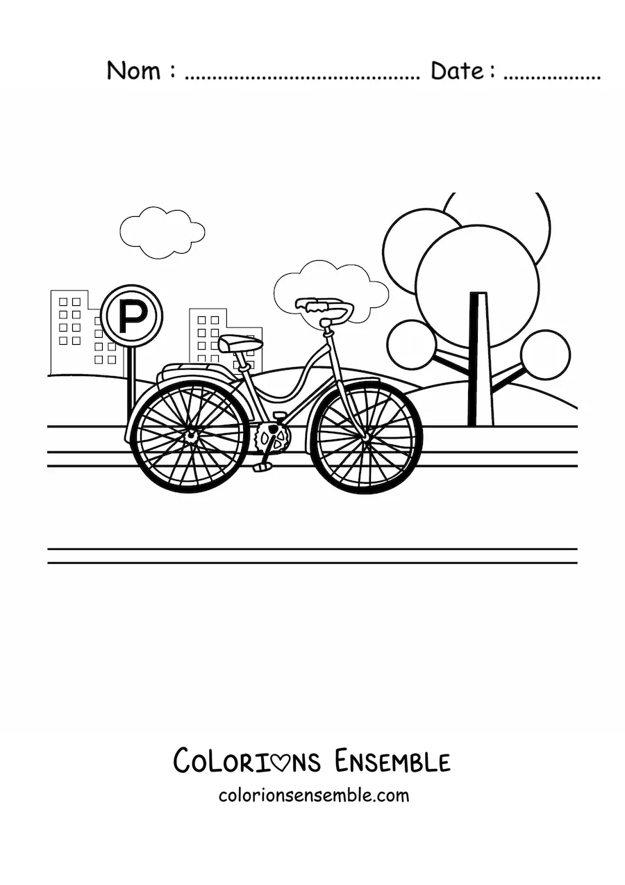 Image à colorier d'un vélo dans le parc avec des immeubles en arrière-plan