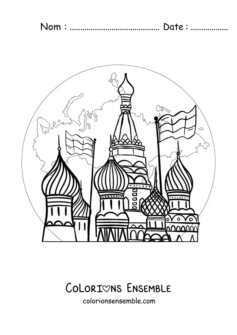 Image à colorier de la cathédrale Saint-Basile avec la carte de la Russie