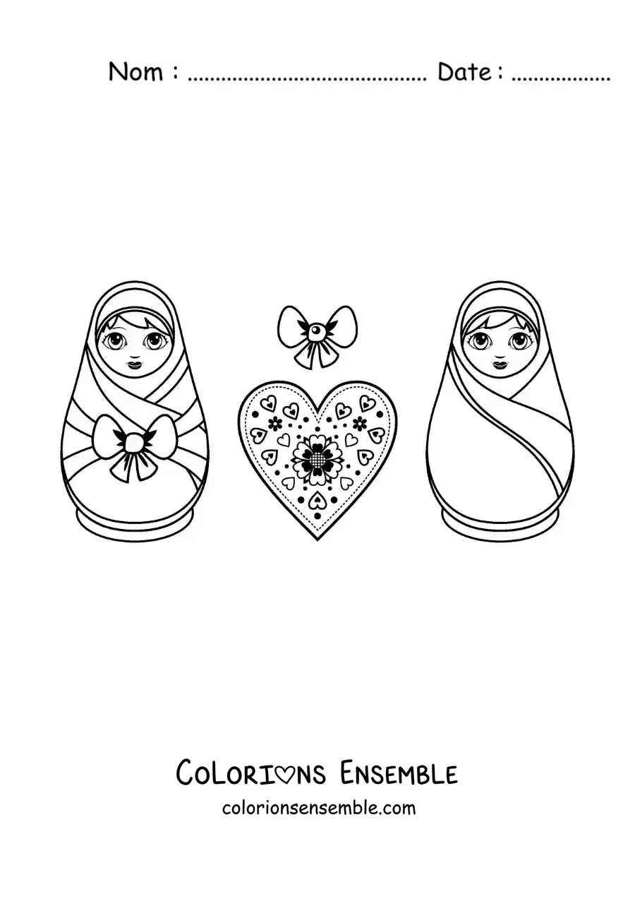 Image à colorier de poupées russes animées avec un cœur