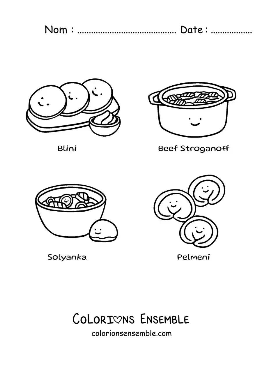 Image à colorier de plats typiques de Russie