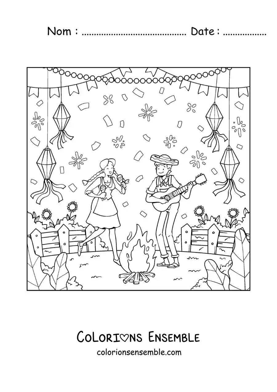 Image à colorier d’un couple célébrant les fêtes de juin traditionnelles du Brésil