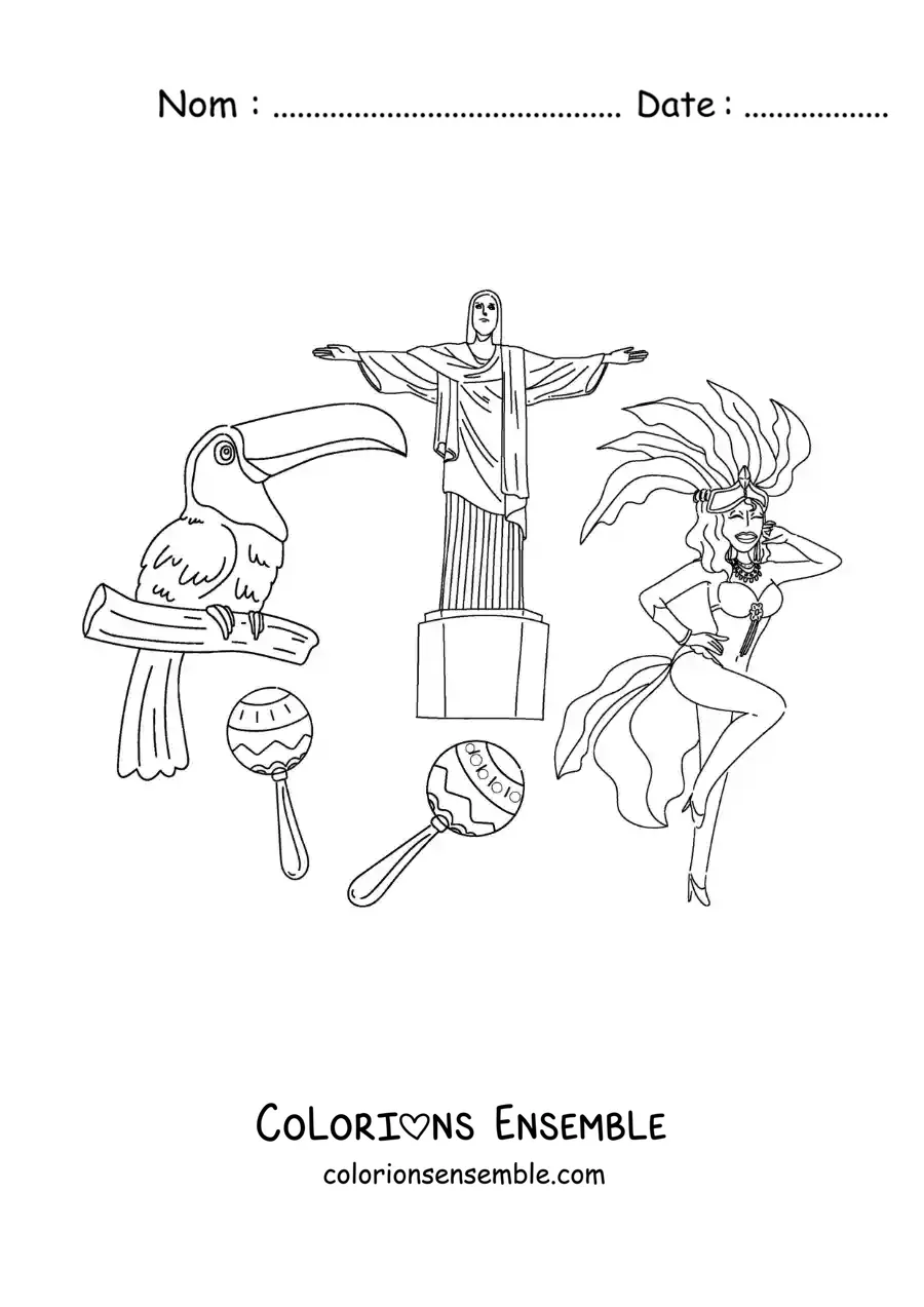 Image à colorier du Christ Rédempteur et d’éléments de la culture du Brésil