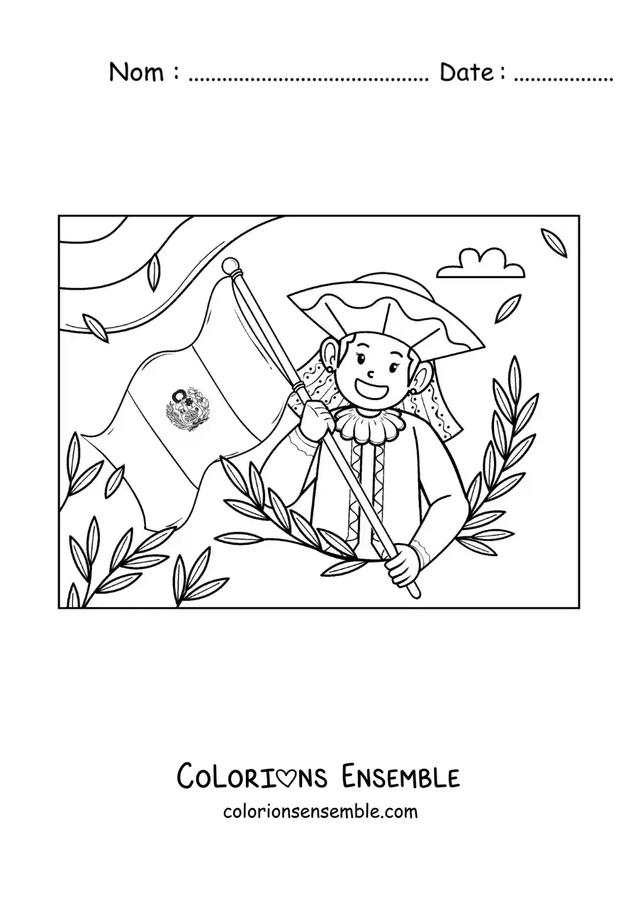 Image à colorier d’une fille animée avec le drapeau du Pérou