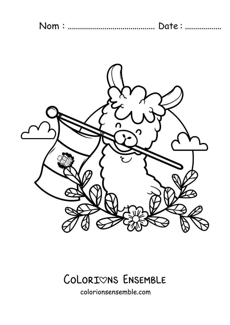Image à colorier d’un alpaga animé avec le drapeau du Pérou
