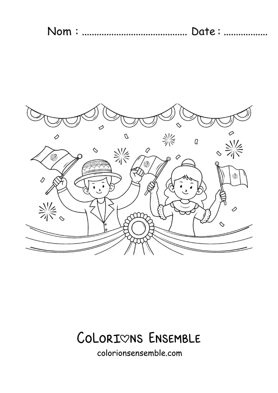 Image à colorier d’enfants animés avec le drapeau du Pérou