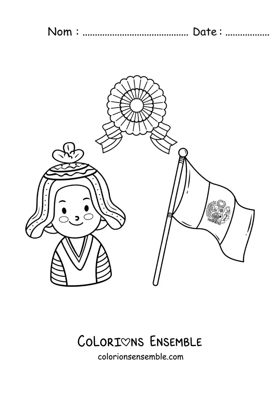 Image à colorier d’un garçon avec le drapeau du Pérou