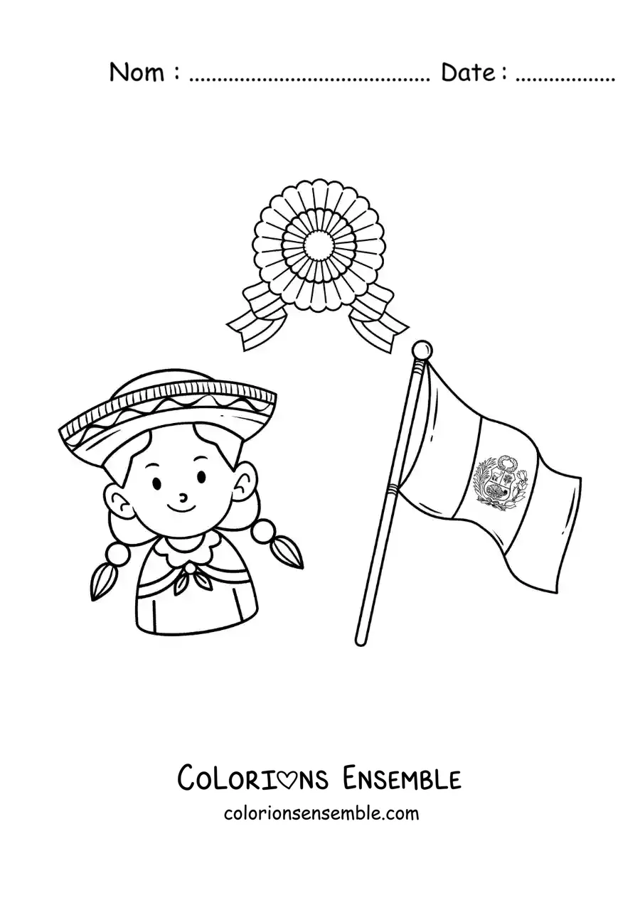 Image à colorier d’une fille avec le drapeau du Pérou