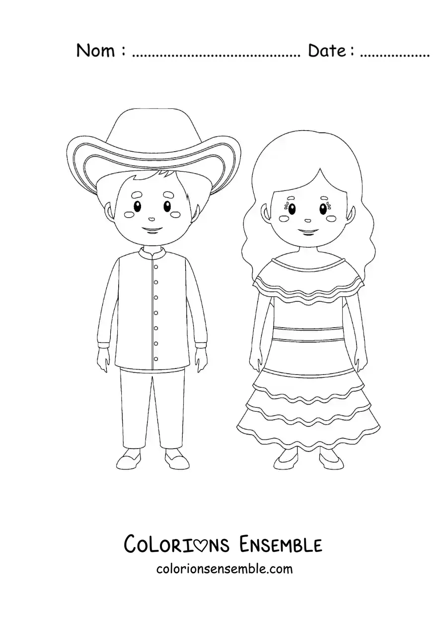 Image à colorier d’un couple en costume traditionnel vénézuélien
