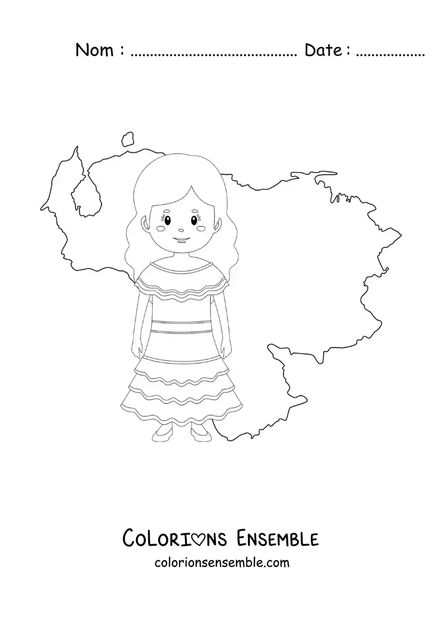 Image à colorier d’une fille en tenue traditionnelle avec la carte du Venezuela