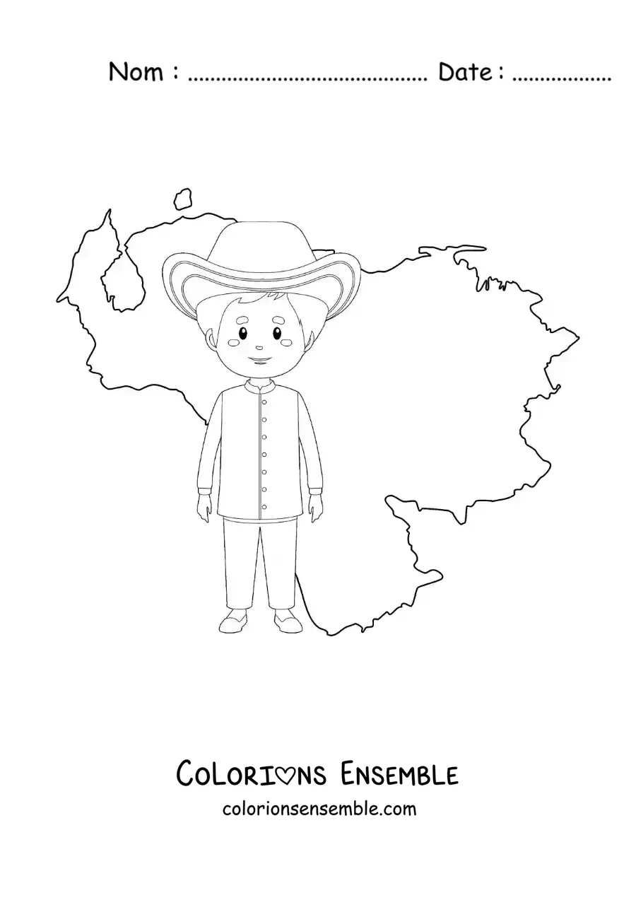 Image à colorier d’un garçon en tenue traditionnelle avec la carte du Venezuela