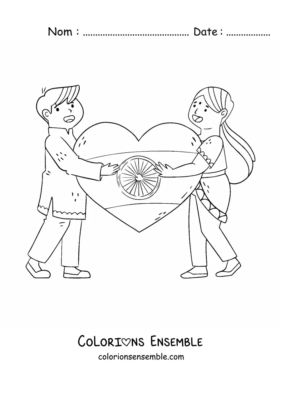 Image à colorier d’enfants de l’Inde avec un drapeau en forme de cœur
