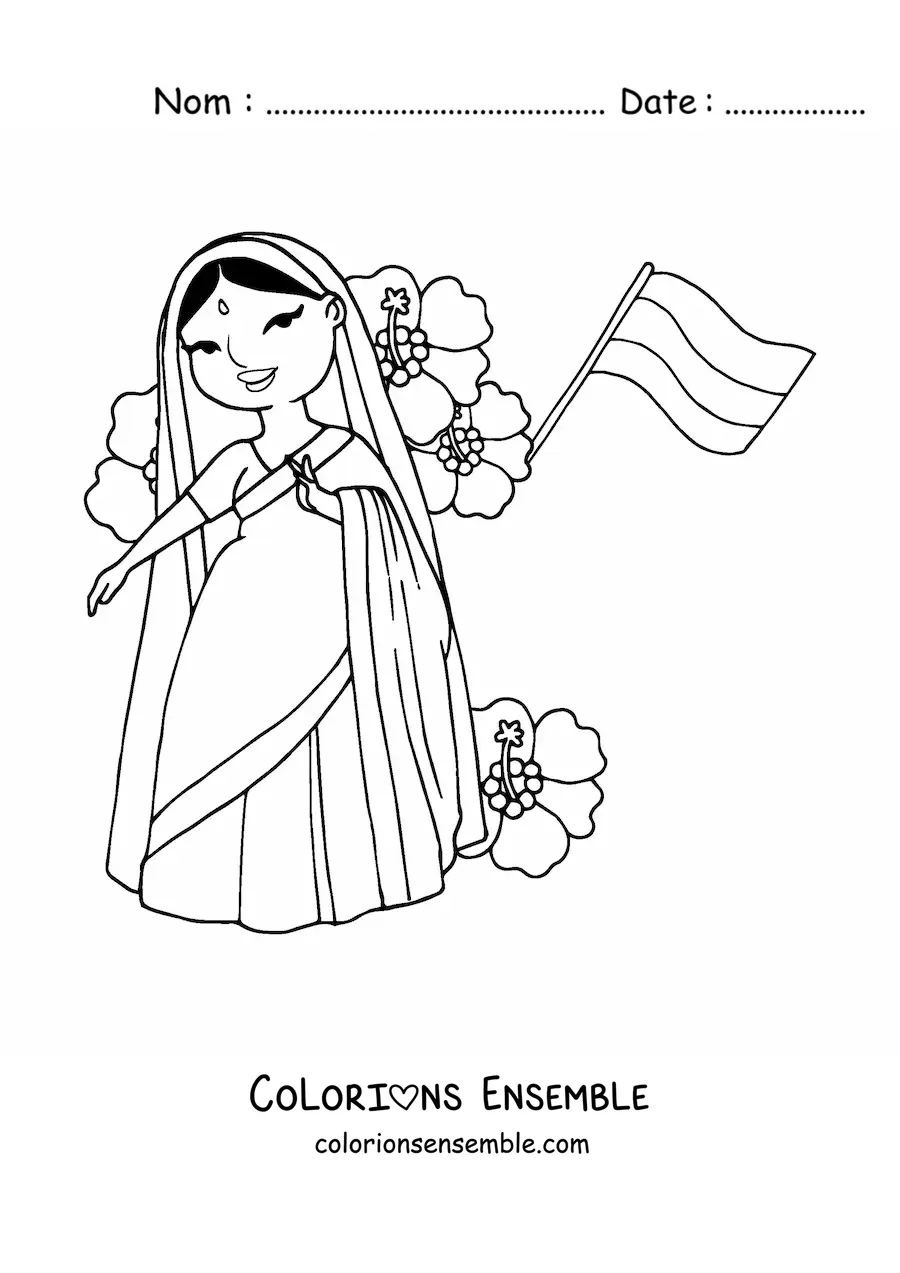 Image à colorier d’une femme de l’Inde avec le drapeau