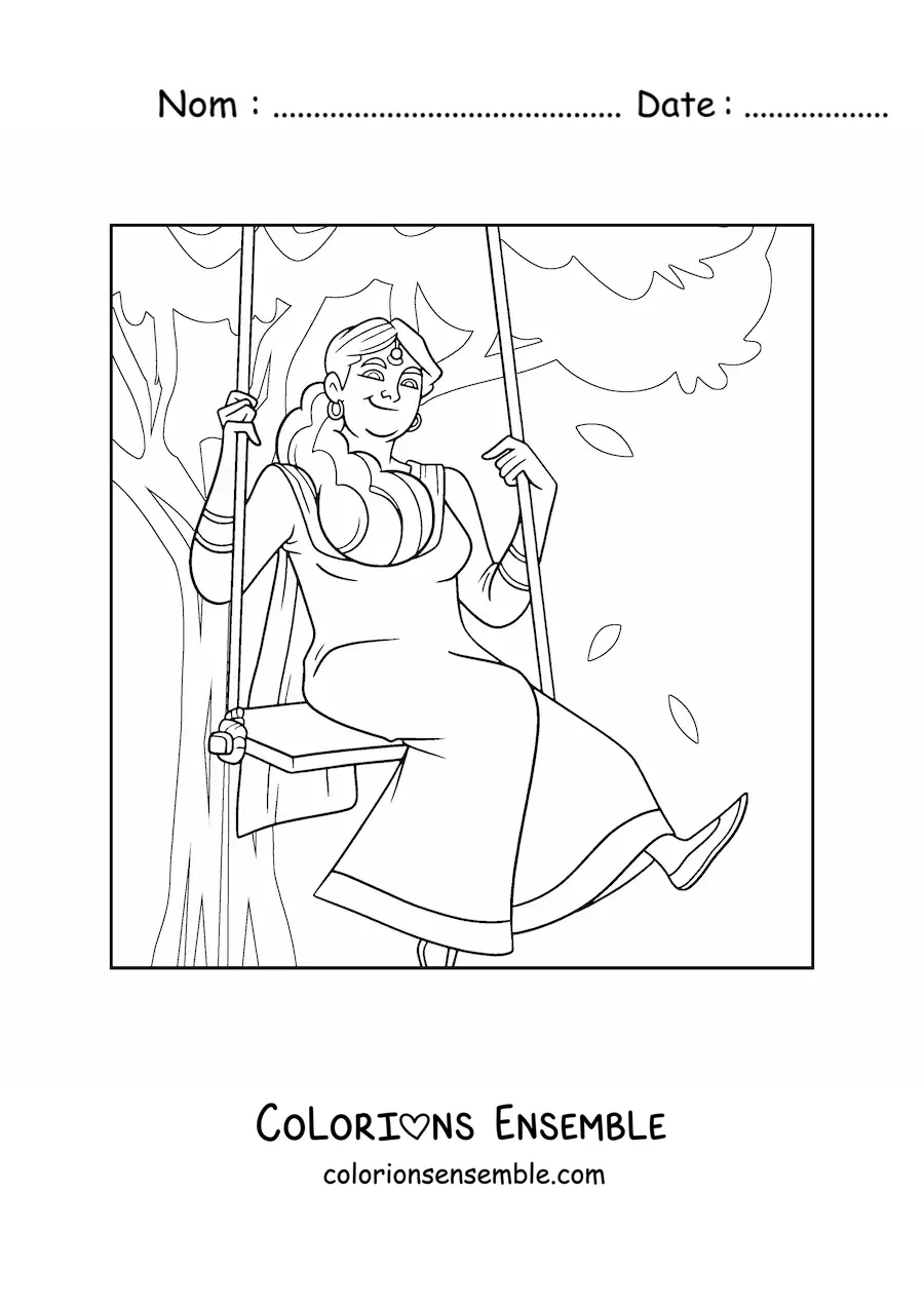Image à colorier d’une fille de l’Inde célébrant le festival traditionnel Teej