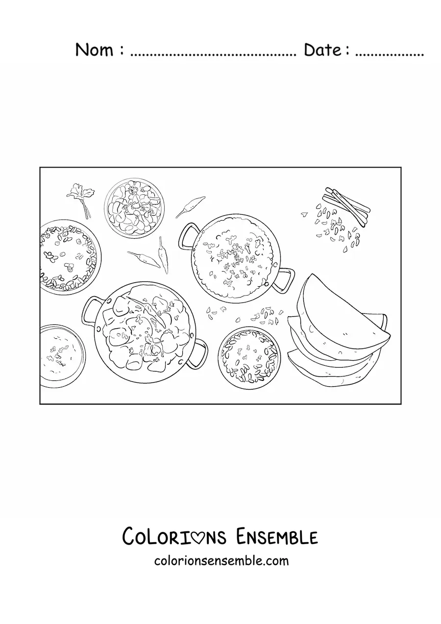 Image à colorier de cuisine traditionnelle de la culture de l’Inde