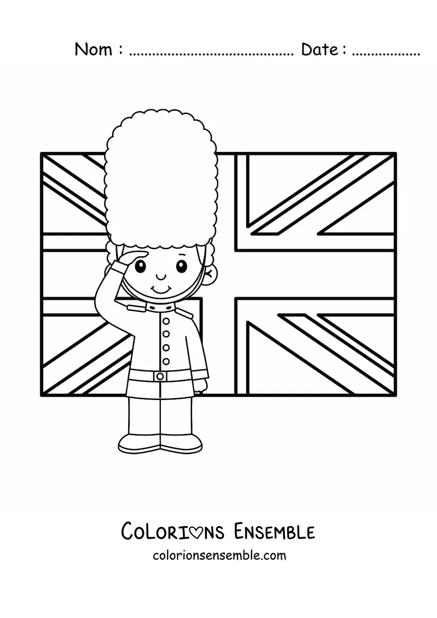 Image à colorier d'un garde royal animé avec le drapeau du Royaume-Uni