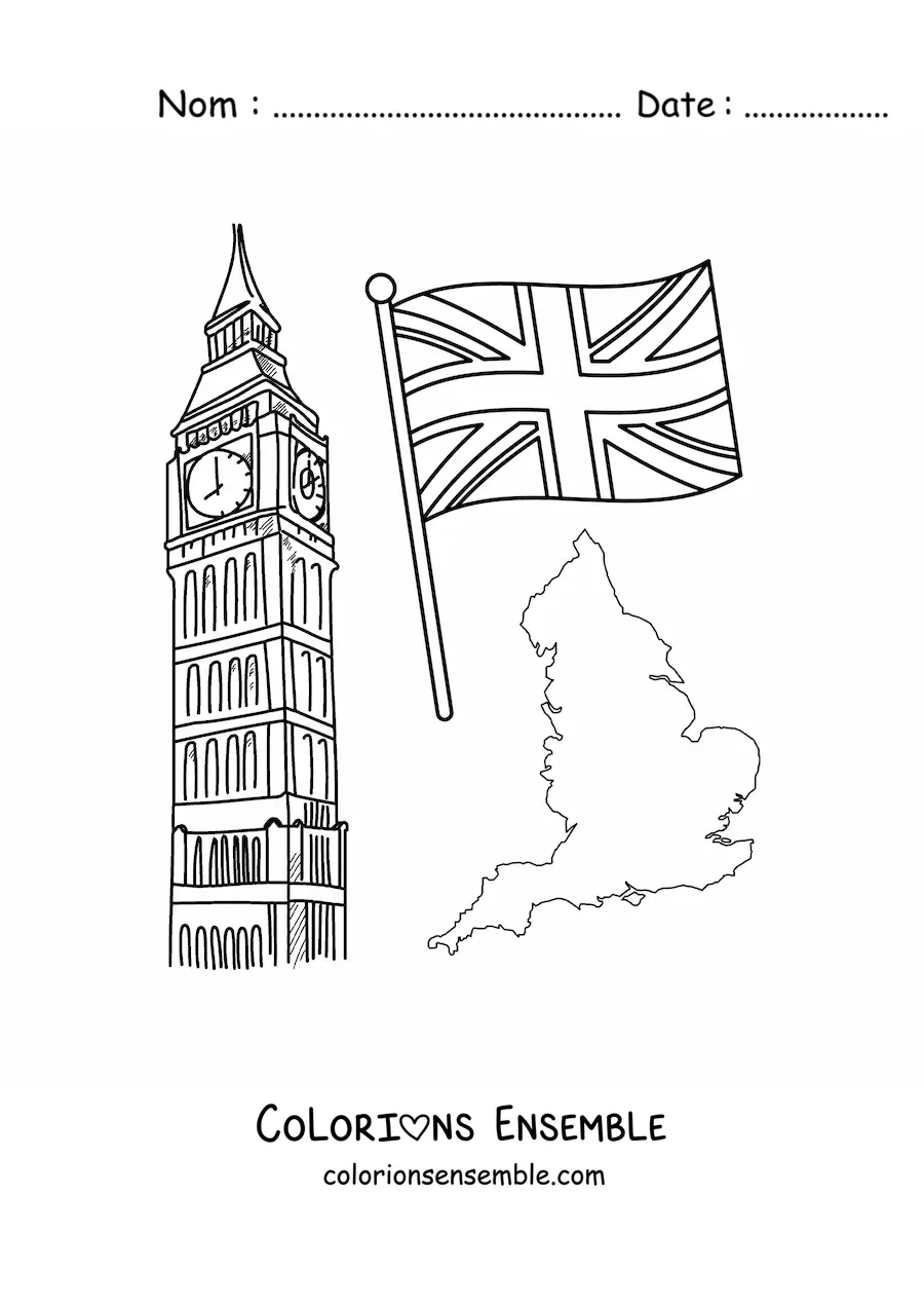 Image à colorier de Big Ben avec le drapeau du Royaume-Uni et la carte de l'Angleterre