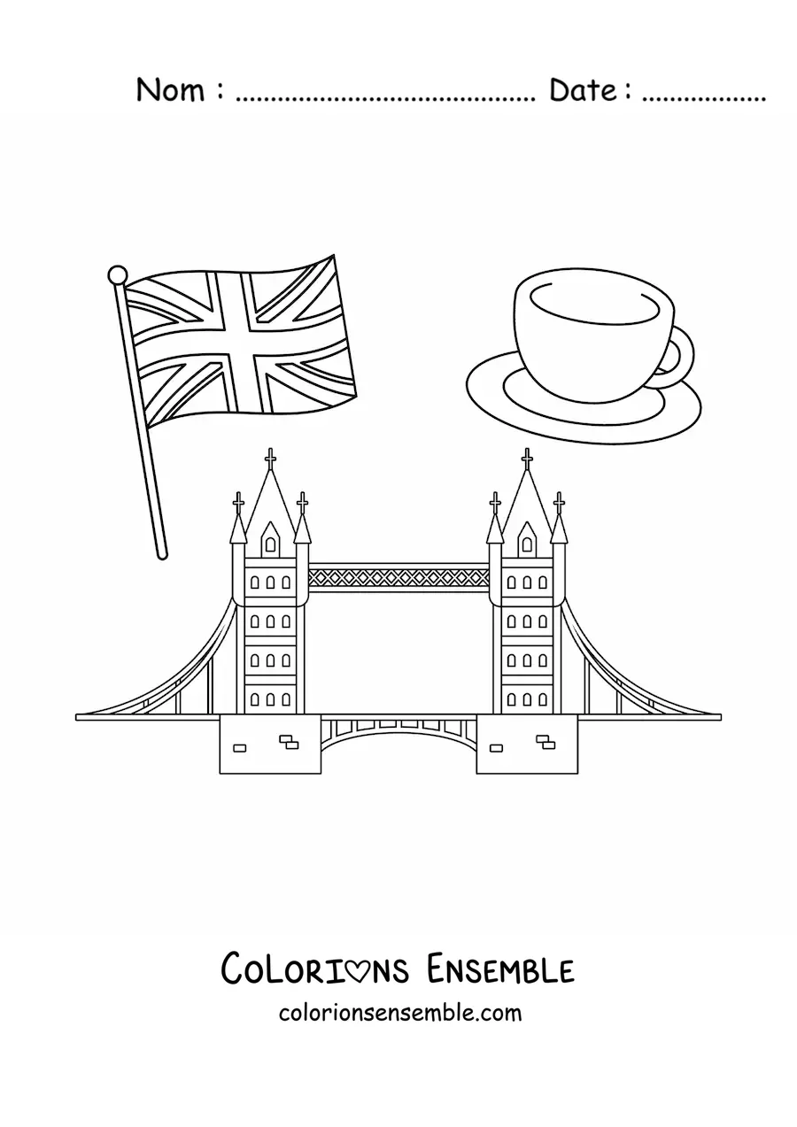 Image à colorier du drapeau du Royaume-Uni avec le pont de Londres