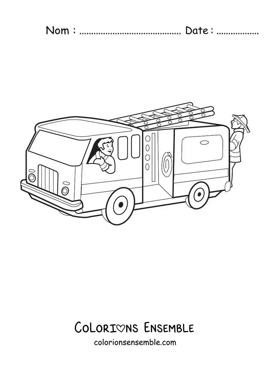 Image à colorier de deux pompiers animés sur un camion de pompiers