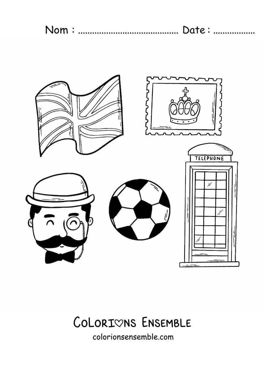 Image à colorier d'éléments de la culture anglaise et du drapeau du Royaume-Uni