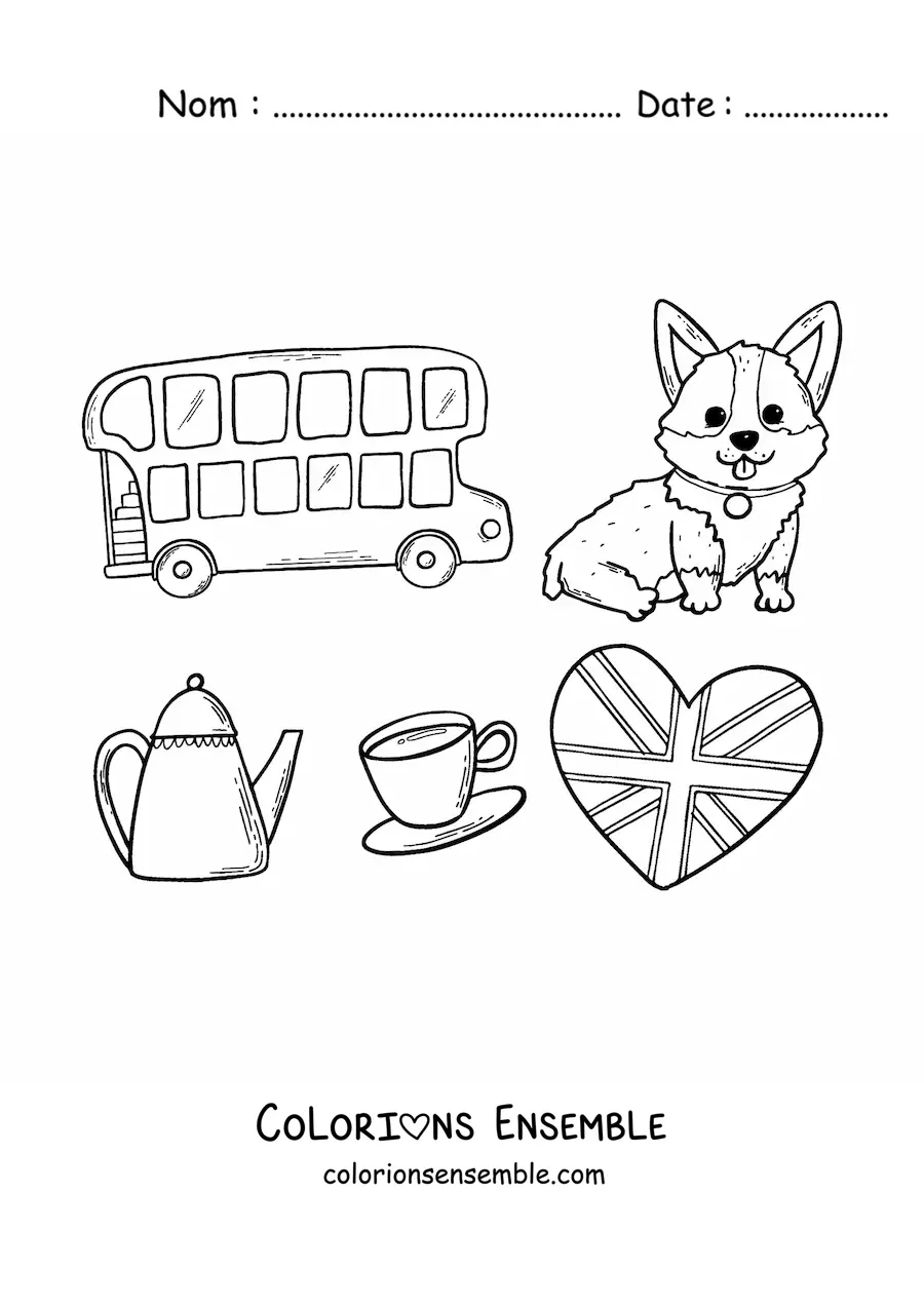 Image à colorier d'un bus et d'éléments de la culture britannique